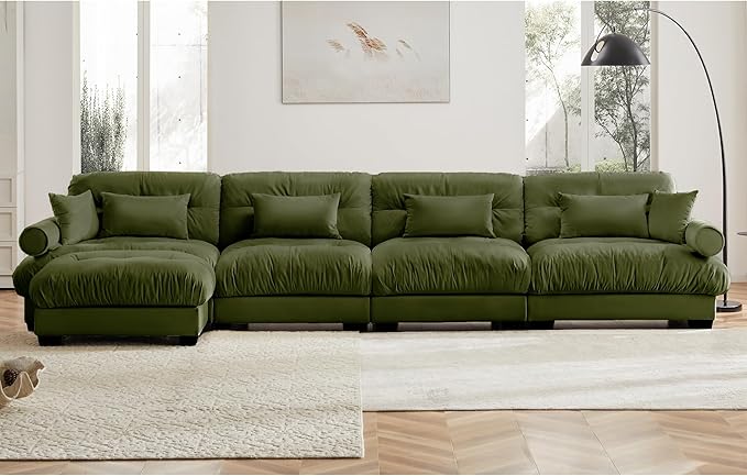 KEIKI 166 L-Shaped Oversized Velvet Modular Sectional Sofa with 1 Ottoman High-Density Foam Cushions and Bolstered Armrests Upholstered 4-Seater Cloud Couch with 6 Pillow for Living Room Green