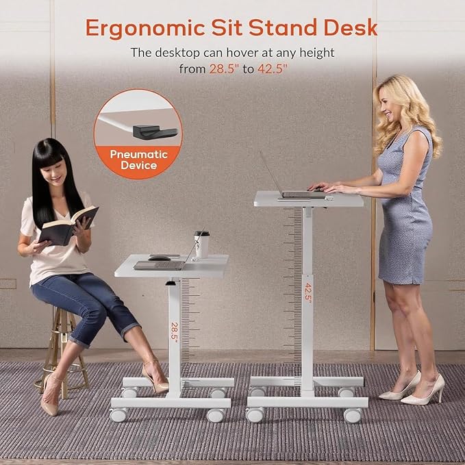 Mobile Standing DeskSmall Rolling DeskHeight Adjustable Rolling Cart with Lockable Wheels for Home Office Computer Workstationwith Hook White