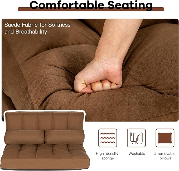 GOFLAME Convertible Floor Sofa 6-Position Couch with 2 Removable Pillows &amp Thick Sponge Cushion Load 330LBS Adjustable Lazy Sofa Bed for Living Room Bedroom (Brown)