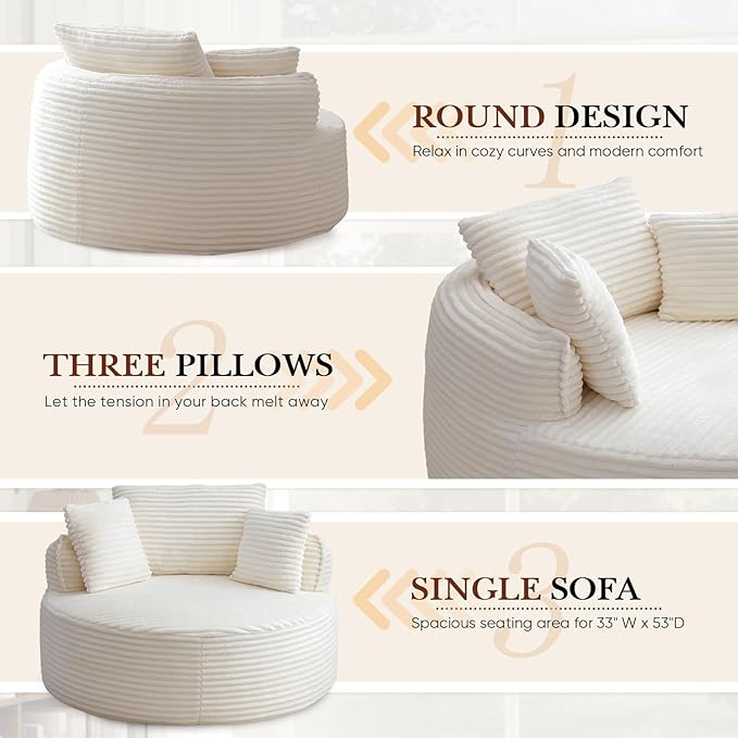 Antetek 53-inch Round Chaise Lounge Chair Indoor Modern Cloud Single Corduroy Couch with 3 Pillows Boneless Compressed Memory Foam Sofa Chair for Living Room Bedroom Apartment Beige