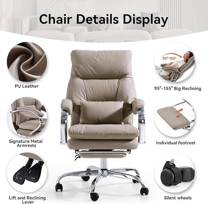 LEAGOO Office Chair with Foot Rest Executive Reclining Office Chairs with Arms Ergonomic High Back PU Leather Comfy Swivel Computer Desk Chairs with Wheels and Lumbar Support for Home Office Tan