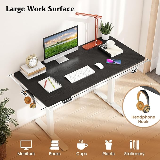 Giantex Electric Standing Desk 48 x 24 Height Adjustable Sit Stand Computer Workstation with 2 Memory Heights Headphone Hook Anti-Collision Design Home Office Computer Desk (Black+White)