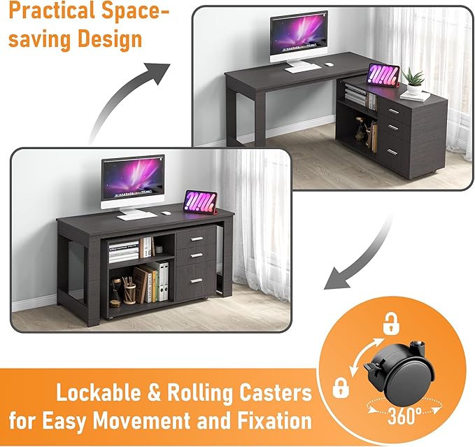 MU 55inch White L Shaped Desk Corner Computer Desk with 3 Drawers and 2 Shelves Writing Office Table with Storage File Cabinet Large Executive Desk with Wheels for Home Office Bedroom (Grey)