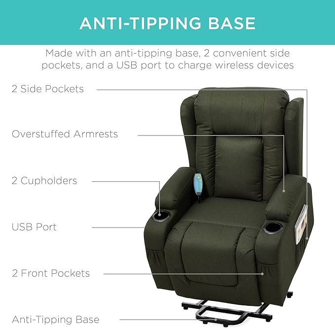 Best Choice Products Modern Linen Electric Power Lift Chair Recliner Massage Chair Adjustable Furniture for Back Legs w/ 3 Positions USB Port Heat Cupholders Easy-to-Reach Button - Olive