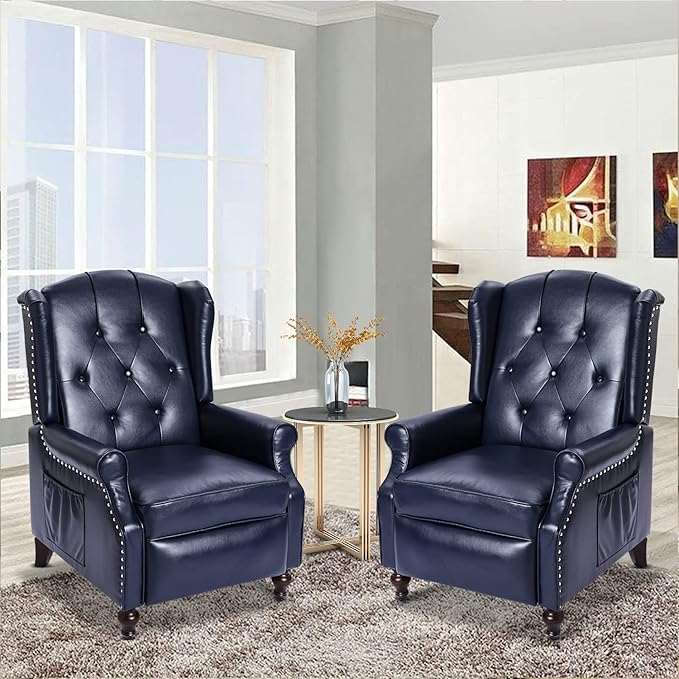 Wingback Recliner Chair with Massage and Heat Tufted PU Leather Push Back Recliner Chair for Living Room Leather Wing Back Chair with Remote Control Padded Cushion Backrest Wooden Legs