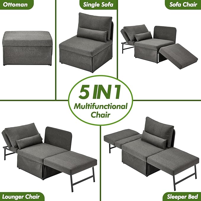 Sleeper Chair Bed Upgrade 4-in-1 to 5-in-1 Convertible Multi-fuction Sofa Chair w/Adjustable Backrest Assembly-Free Linen Folding Sofa Ottoman Bed for Living Room Apartment (Dark Grey)