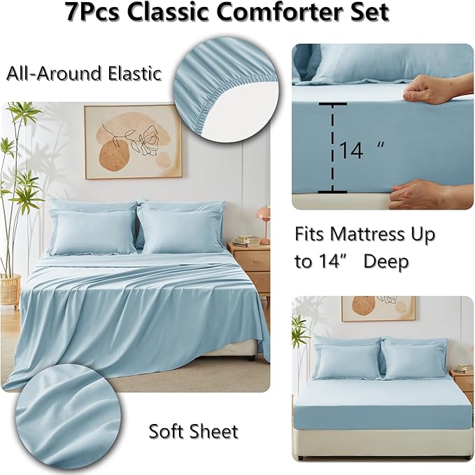 CozyLux Queen Comforter Set Light Blue - Bed in a Bag Queen Size 7 Pieces Luxury Soft Bed Set for All Seasons Bedding Set with Down Alternative Comforter Sheets Pillowcases &amp Shams