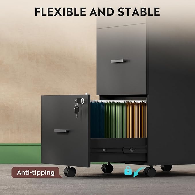 DEVAISE 3 Drawer Rolling File Cabinet with Lock Wood Filing Cabinet fits Letter / A4 Size for Home Office Black