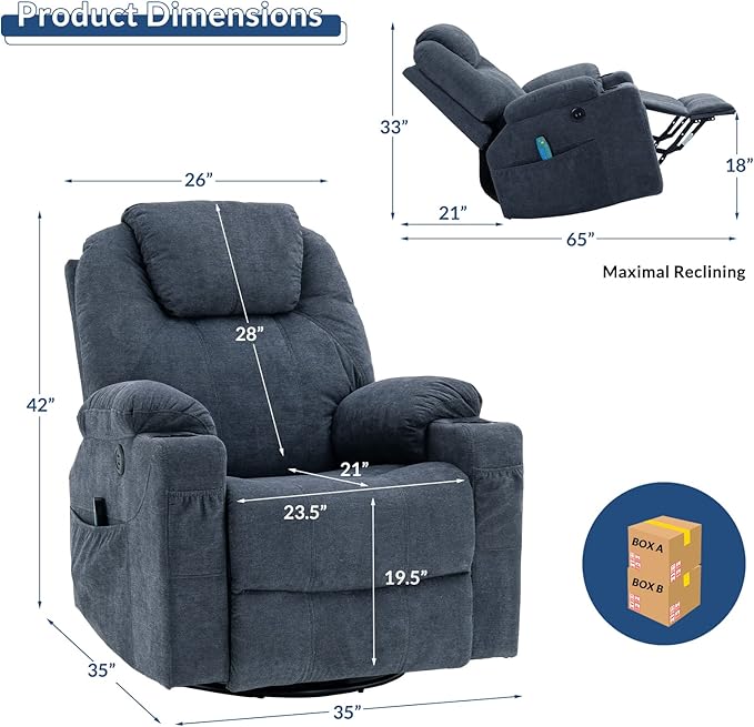 Manual 360° Swivel Rocker Recliner Chair Ergonomic Fabric Lounge Sofa Chair Glider Rocking Heated Massage Chair with Side Pockets 2 Cup Holders &amp USB Ports for Living Room Bluish Grey