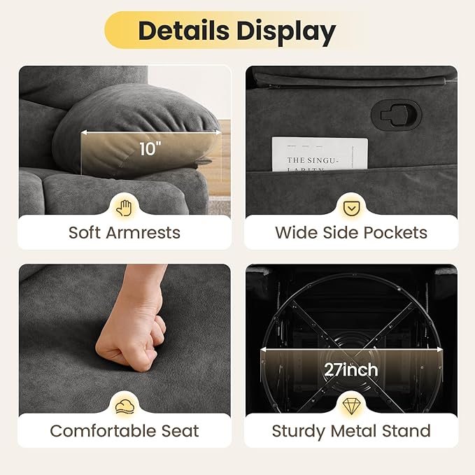 Oversized Swivel Rocker Recliner Chair with Large Footrest &amp High Back- 360° Rotation &amp Gentle Rocking for Living Room Nursery350lbs CapacityTool-Free Assembly(Gray)