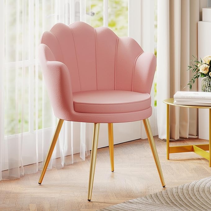 Furniliving Velvet Vanity Chair Shell Accent Chair for Living Room Upholstered Accent Chair with Gold Metal Legs Makeup Chair for Vanity Armchair Guest Chairs Side Chair for Bedroom (Pink 2)