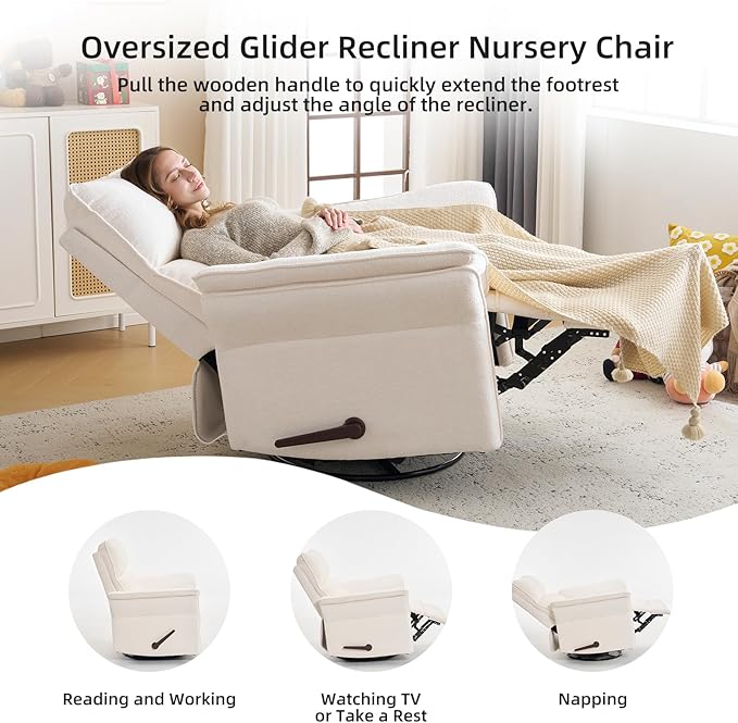 Oversized Recliner Chair 26 Extra Wide 360° Swivel Rocker Recliner with Adjustable Headrest Chenille Glider Rocking Nursery Chair with Overstuffed Armrest Lumbar Support White