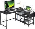 Techni Mobili Modern L-Shaped Desk with Storage Corner Computer Desk for Home &amp Office with 2 Drawers Open Storage Shelves Fabric Organizer &amp Sturdy Metal Frame Black