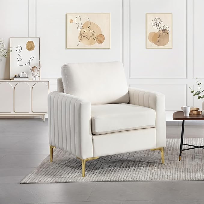 Modern Velvet Accent Chair Comfy Living Room Armchair with Thick Cushion Upholstered Reading Armchair Mid Century Sofa Chair with Gold Legs Side Chair for Living Room Bedroom Office Club Beige