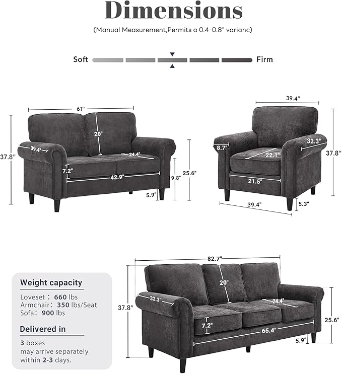 Kingfun Loveseat 2&amp3 Seater Couch with Chair Mid Century Modern Chenille Sofa Set with Rolled Arms and Deep Seats Fluffy Comfort for Living Room Apartment Easy Assembly Grey