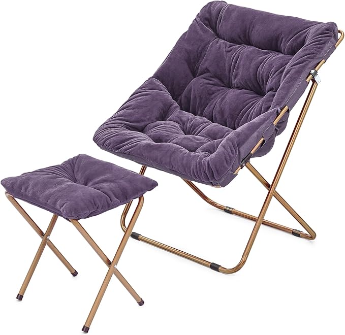 MoNiBloom Square Folding Faux Fur Saucer Chair for Bedroom Living Room Dorm Foldable Metal Frame Oversized Large Comfy Furry Padded Soft Cozy Moon Chair with Footrest Ottoman for Adults (Purple)