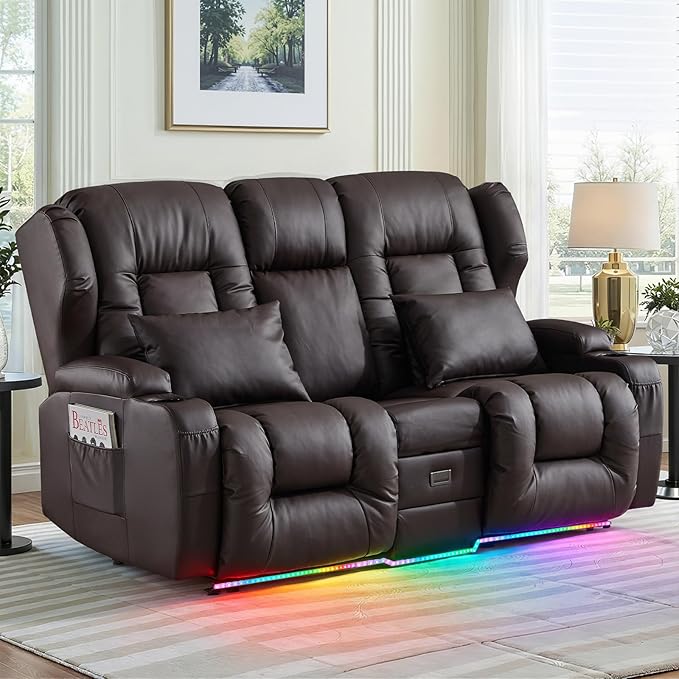 Loveseat Recliner Sofa with DIY LED LightsRV Couch Wall Hugger Recliners with Flip-up ConsoleReclining Loveseat Sofa Recliner with Smart LED Lights/Cup Holders/Lumbar PillowsRV FurniturePU Brown