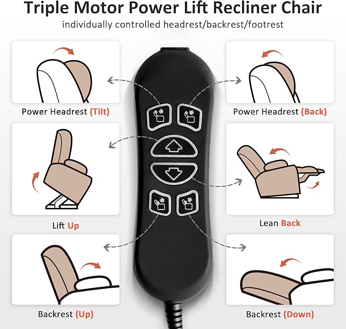 MCombo Oversized Triple Motor Power Lift Recliner Chair with Massage and Dual Heating Adjustable Headrest for Big and Tall Elderly People Faux Leather R7635 (Beige Large-Oversize)