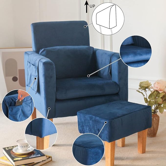 TAKUKA Modern Accent Chair with Ottoman SetComfy Velvet Fabric Armchair with Footrest Upholstered Chair with Side Pocket Soft Reading Lounge Chair for Living RoomBedroomOffice (Velvet Blue)