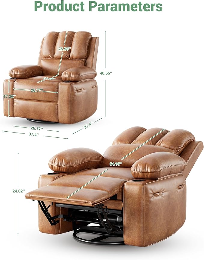 22 Wide Electric Recliner Chair for Adults Swivel Rocking Recliner with Massage &amp Heat PU Leather Lounge Chair with Remote and Cup Holders for Living Room Nursery Two-Tone Vintage