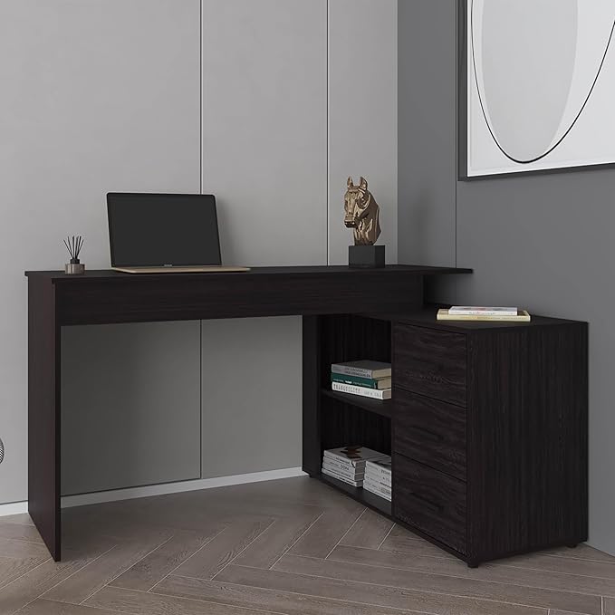 Tuhome Upton L-Shape Home Office Desk Modern Studio and Bedroom Study Table with Spacious Work Surface Built-in Shelves and Drawers for Storage Dark Wood Finish for Durability and Easy Maintenance