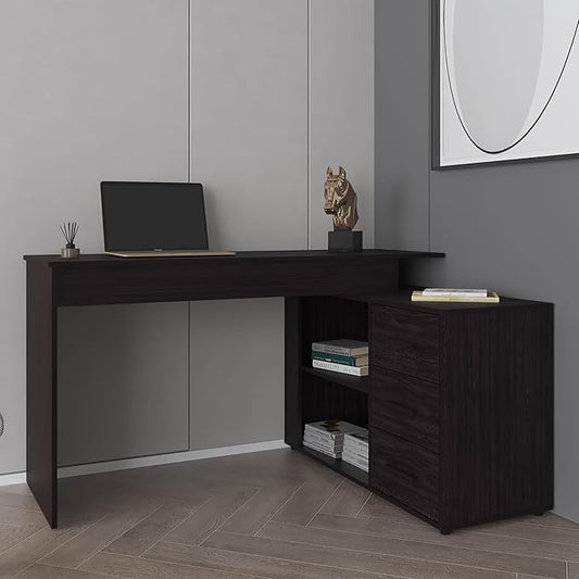 Tuhome Upton L-Shape Home Office Desk Modern Studio and Bedroom Study Table with Spacious Work Surface Built-in Shelves and Drawers for Storage Dark Wood Finish for Durability and Easy Maintenance
