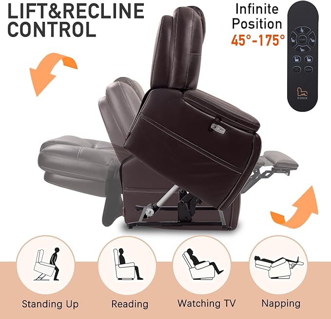 EONIX Triple Motor Lay Flat Power Lift Recliner Chair for Elderly with Adjustable Headrest 400lbs Electirc Lift Chair for Living Room Lumbar Pillow Extended Footrest Dark Brown