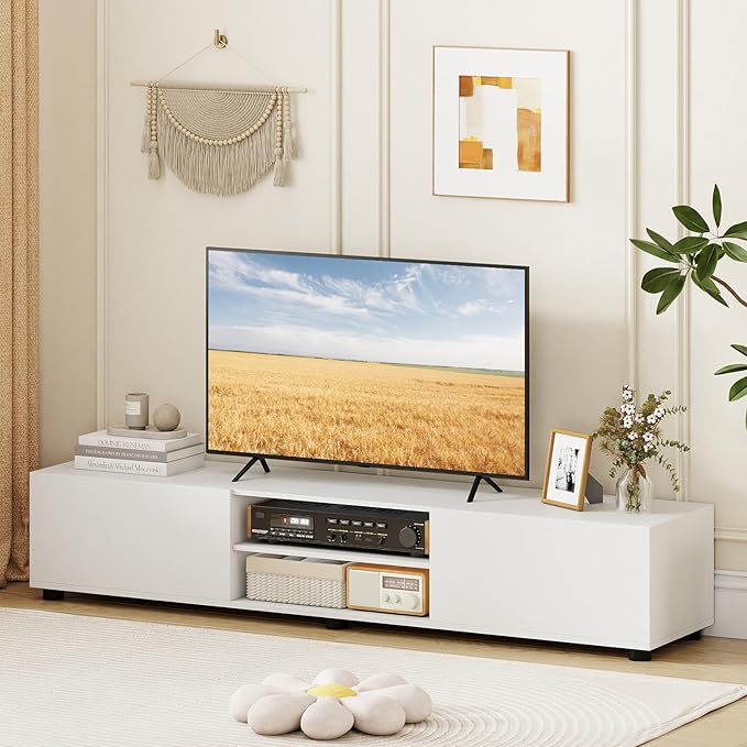 Tangkula Modern TV Stand for up to 70” TVs 63”L Minimalist Entertainment Center w/ 2 Doors &amp Open Shelves Media Console Table Storage Cabinet with 6 Support Feet for Living Room (White 63”L)