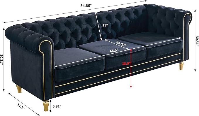 Homtique 84 Modern Couch for Living Room 3 Seater Comfy Velvet Sofa with Button Tufted Rolled Arms and Gold Legs Chesterfield Sofa for Home/Office Bedroom Black