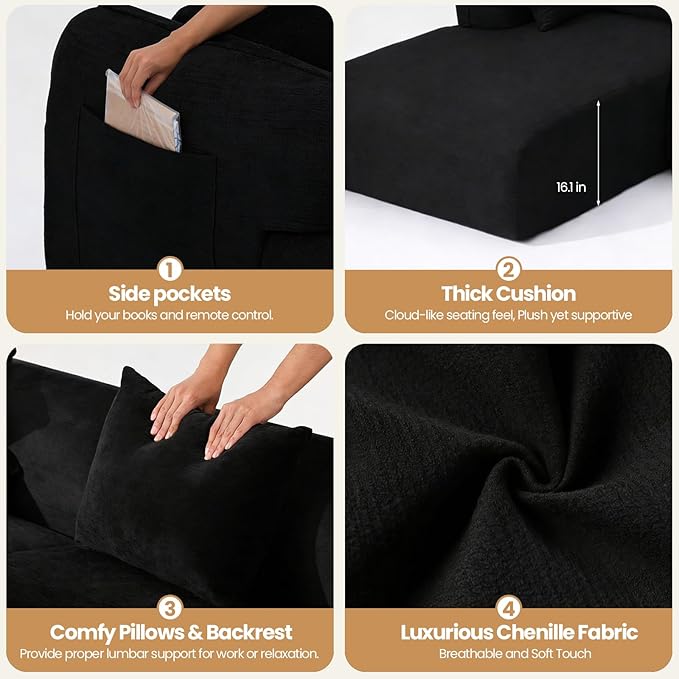 117’’ Chenille Fabric Boneless Couches for Living RoomModular Sectional Cloud Sofa |Fluffy Chenille Deep Seat No-Assembly Memory Foam Comfy Cloud Couch with L-Shaped Chaise (Black)