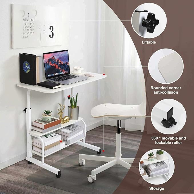 Home Office Desk Movable Bedroom Adjustable Table Modern Laptop Computer for Living Room Couch Portable Small Spaces with Wheels Storage Furniture Study 31.5 * 15.7 White