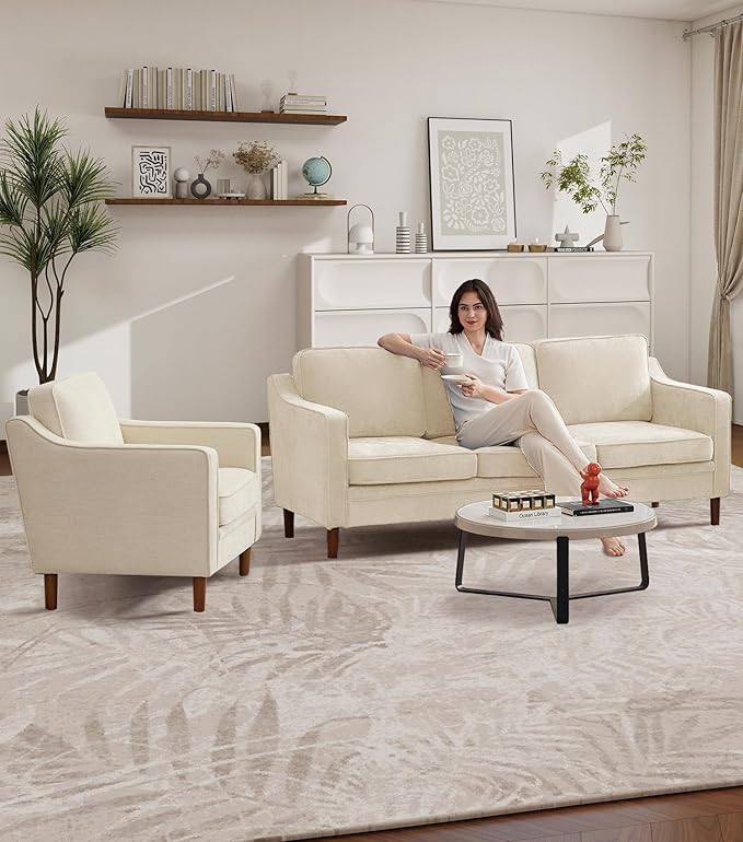 Kingfun Accent Chair Living Room Chairs Mid Century Reading Armchair Chenille with Solid Wood Foot Upholstered Modern Decor for Bedroom Apartment Beige