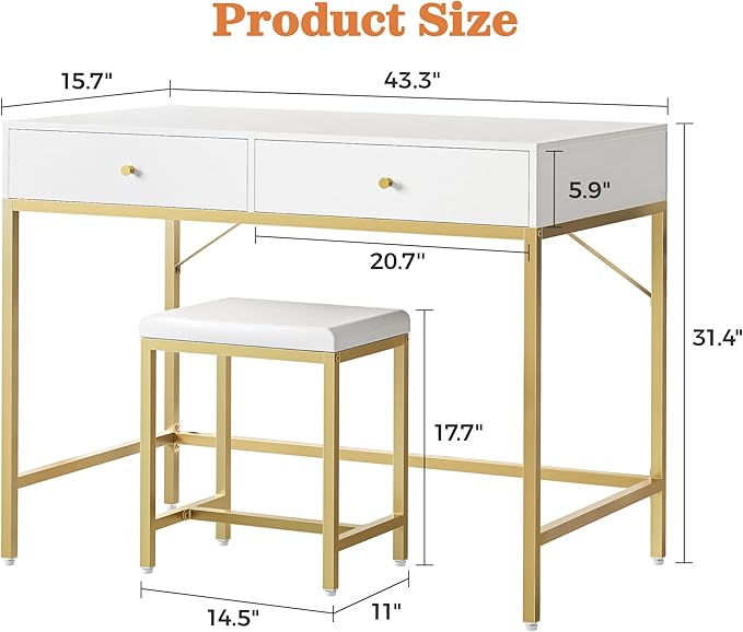 SUPERJARE 43-inch Modern White &amp Gold Desk - 2 Drawer Vanity Computer &amp Home Office Study Desk for Writing &amp Bedroom