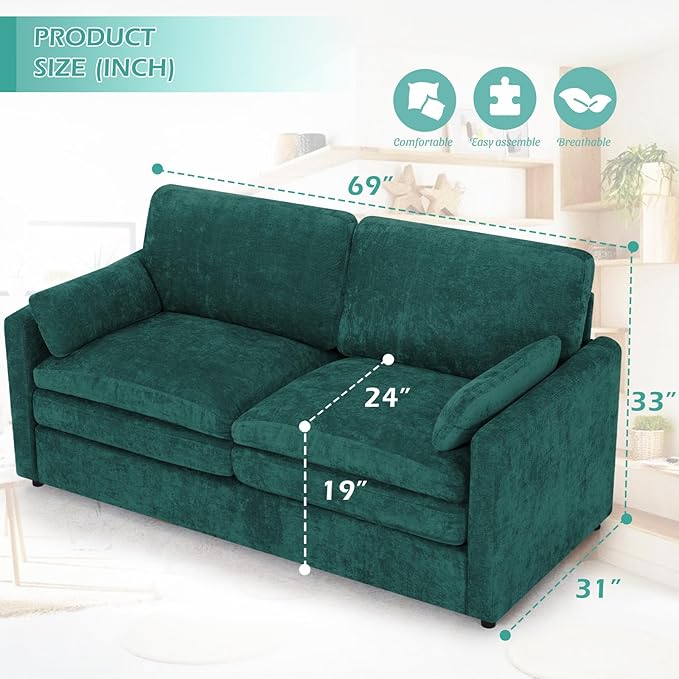 69” Chenille Loveseat Sofa w/Arm Pillows Upholstered 2-Seater Sofa w/Comfortable Back Cushions Modern 2 Seats Couch w/High-Density Foam for Living Room Apartment Office Teal