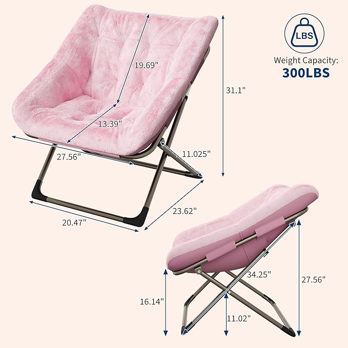 Collapsible Soft Faux Rabbit Fur Saucer Lounge Chair Comfy Lounge Lazy Chair Metal Frame Reading Chairs for Office Living Room Bedroom Small Spaces No Assembly Pink