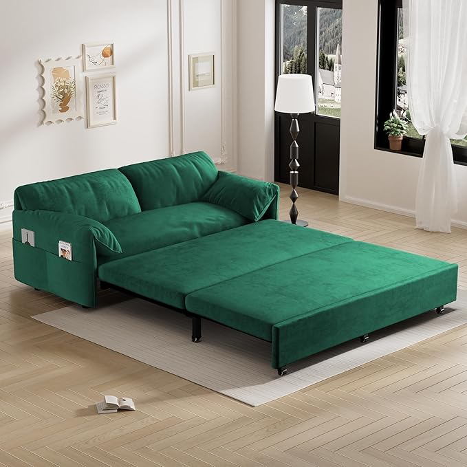 Ball &amp Cast 63.8 Pull Out Sofa Bed 3-in-1 Convertible Sleeper Sofa with Side Storage PocketsMulti-Functional Velvet Loveseat Bed for Living RoomBedroomApartmentOfficeGreen