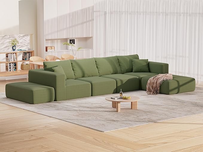 CUGOAO 152'' Modern Boneless Couch Oversized 2-in-1 Modular Sectional Sofa Bed Extra Deep Seat Upholstery Cloud Couch Boneless Couches for Living Room No Assembly Required Green Corduroy
