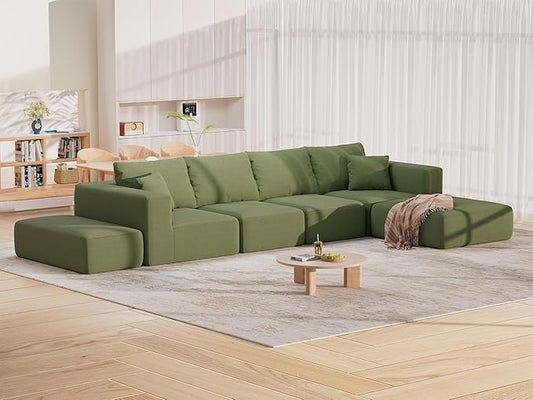 CUGOAO 152'' Modern Boneless Couch Oversized 2-in-1 Modular Sectional Sofa Bed Extra Deep Seat Upholstery Cloud Couch Boneless Couches for Living Room No Assembly Required Green Corduroy