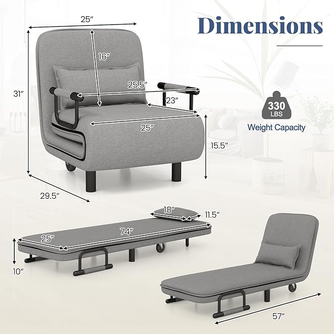 Giantex Convertible Sofa Bed 3-in-1 Folding Sleeper Chair with 5-Position Adjustable Backrest Wheels 2 Legs Recliner Chaise Lounge with Pillow Armchairs for Nursery Living Room (Light Gray)