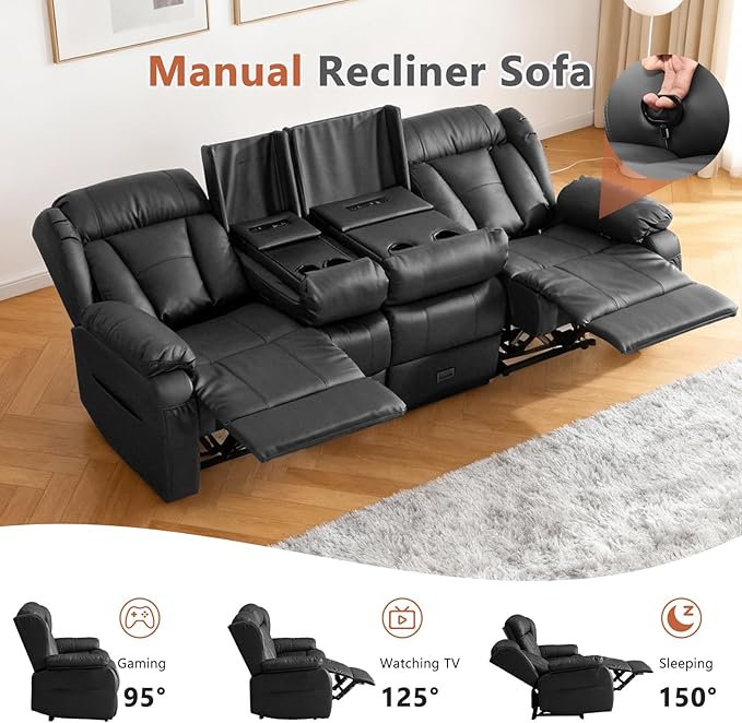AHMED 3-Seat Manual Reclining Sofa Faux Leather Recliner Couch with Flip-Down Console Home Theater Seating with Cup Holders USB Ports &amp AC Outlet Storage Drawer for Living Room/RV Black