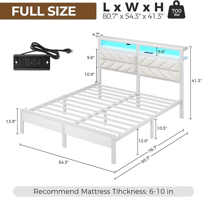 Seventable Bed Frame Full Size with Charging Station LED Bed with Upholstered Storage Headboard Metal Platform Bed with Under Bed Storage No Box Spring Needed Noise Free Easy Assembly White