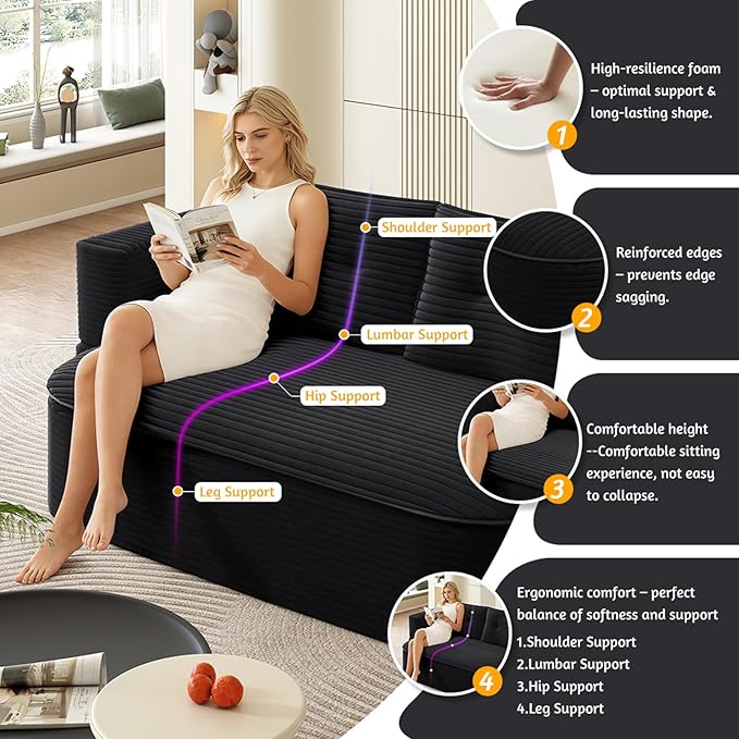 78.7 Full Size Memory Foam CouchPlush Corduroy SofaFloor Sofa Bed with Multi Functional Blanket2 in 1Convertible Folding Sofa Bed for Living Room OfficesNo Assembly Required (Black)