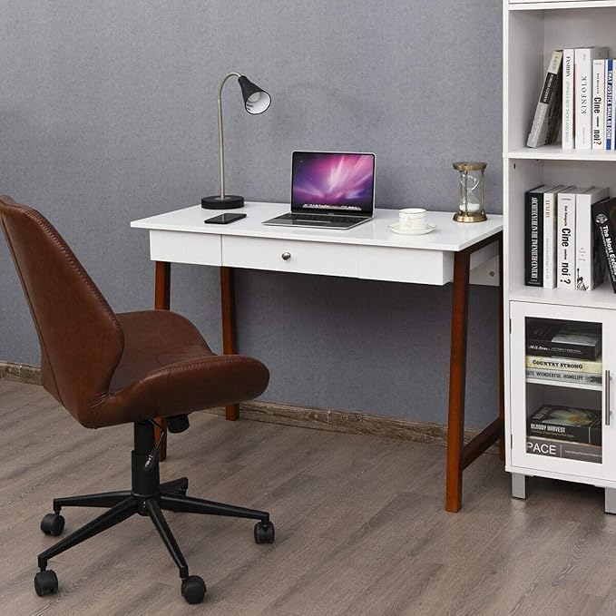 Moccha Writing Desk Computer Laptop Table w/Storage Drawer Solid Wood Frame Makeup Dressing Vanity Desk for Home Large Space Study Table Workstation for Office Sturdy and Durable Easy Assembly