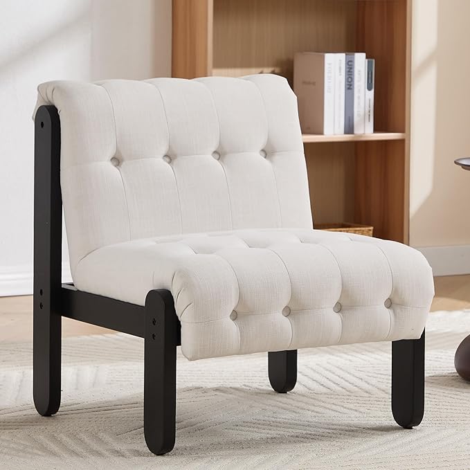 Modern Armless Accent Chair for Living Room Beige Chenille Button Tufted Upholstered Lounge Reading Chair with Black Wood Frame