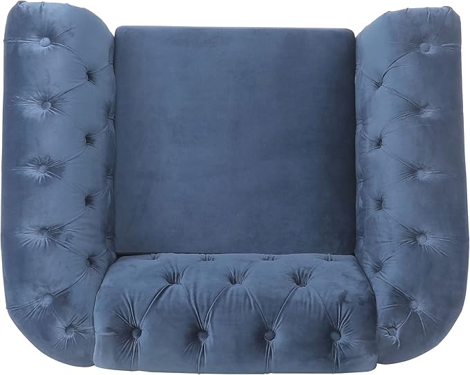 LEVNARY Velvet Chesterfield Chair Mid-Century Modern Single Sofa Chair with Button Tufted Backrest and Nailhead Decor Tufted Upholstered Rolled Armchair for Home Bedroom Reading Room (Blue)