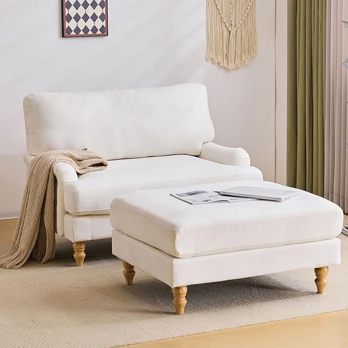 Bezseller Oversized Chair Indoor with Ottoman 46 W Upholstered Armrest Sofa Big Comfy Lounge Sofa Deep Seat Sleeper Chair for Living Room Apartment Bedroom Reading Room(Beige)