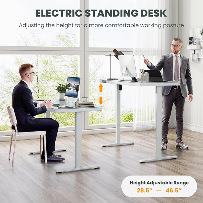 Giantex Glass Standing Desk with Drawer 48 x 24 Height Adjustable Electric Stand Up Desk with Tempered Glass Top 2 Memory Positions &amp USB Type-C Outlets Sit Stand Desk for Home Office White
