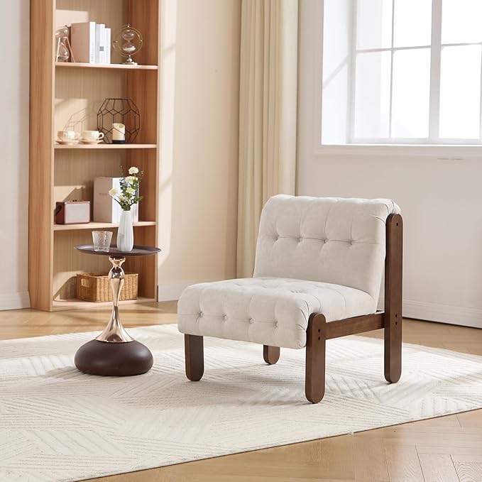 HEAH-YO Accent Chair Set of 1Modern Vintage Living Room Chair for Bedroom with Button Tufted Back and Wood LegsUpholstered Comfy Reading Chair for Makeup Vanity CafeChenille Beige
