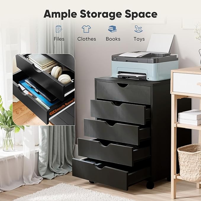 OLIXIS 5 Drawer Mobile File Cabinet Under Desk Storage Organization with Wheels Vertical Filing Chest Rolling Wood Small Desk Printer Stand for Home Office 15.75D x 18.74W x 25.39H Black