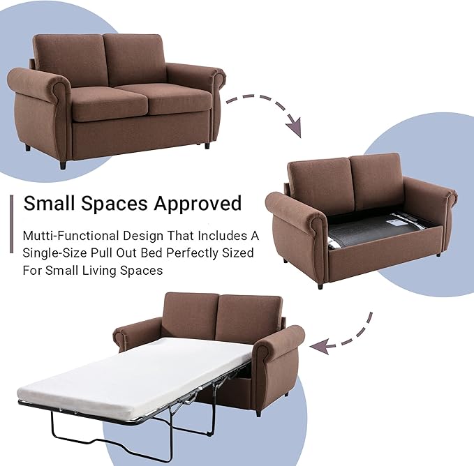 Merax 57.9 Loveseat Sofa Couch with Pull Out Bed 3 in 1 Convertible Line Fabric Sleeper Sofa Bed with 2 USB Ports and Twin Size Memory Mattress for Apartment Office Living Room (Brown)